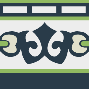 Decorative border tile Arecales Cenefa with bands and lines, arches and curves, tropical motifs